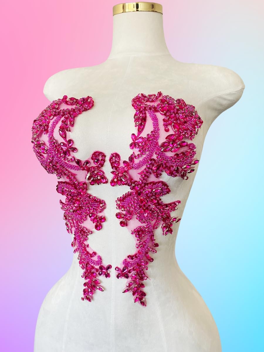 Handmade Rhinestones on Lace Applique Trim Sewing Beads Sequins Trim Patches for Wedding Dress Accessories 1Pair/Bag (Rose red)