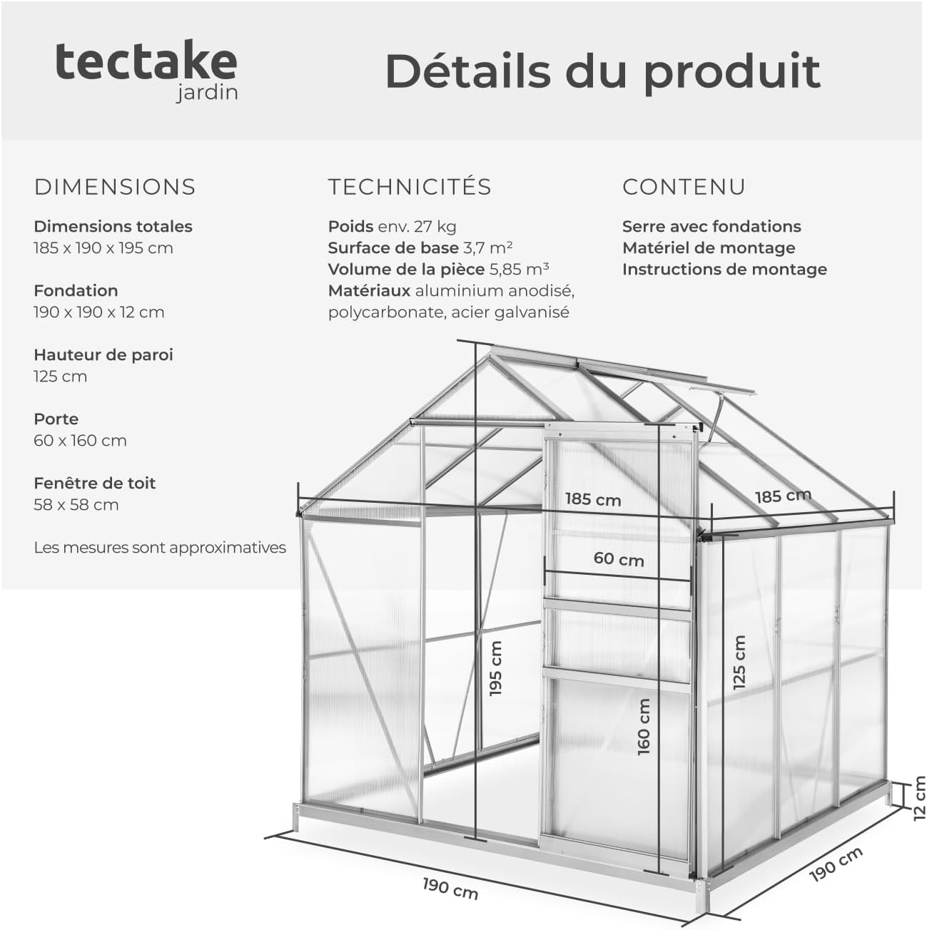 Detailed diagram showing the dimensions of the tectake greenhouse, including total dimensions, foundation, wall height, door, and roof window measurements.