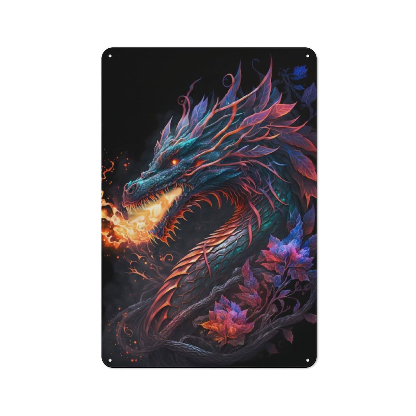 Junmoney Flowers Dragon Tin Wall Plaque 30X20cm With For Bar Or Restaurant, Suited To Bar Decor Enthusiasts