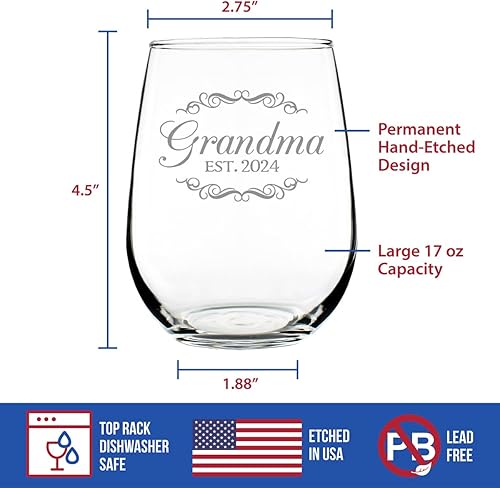 Miniatura 4 de Grandma Est 2024 - New Grandmother Stemless Wine Glass Gift for First Time Grandparents - Decorative 17 Oz Large Glasses