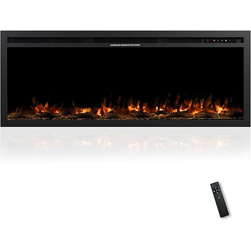 50" Electric Fireplace, Ultra-Thin Recessed/Wall Mounted Electric Fireplace, Remote Control with App, 12 Adjustable Flame Colors & Carbon Bed Colors, Timer, 1500W, Black