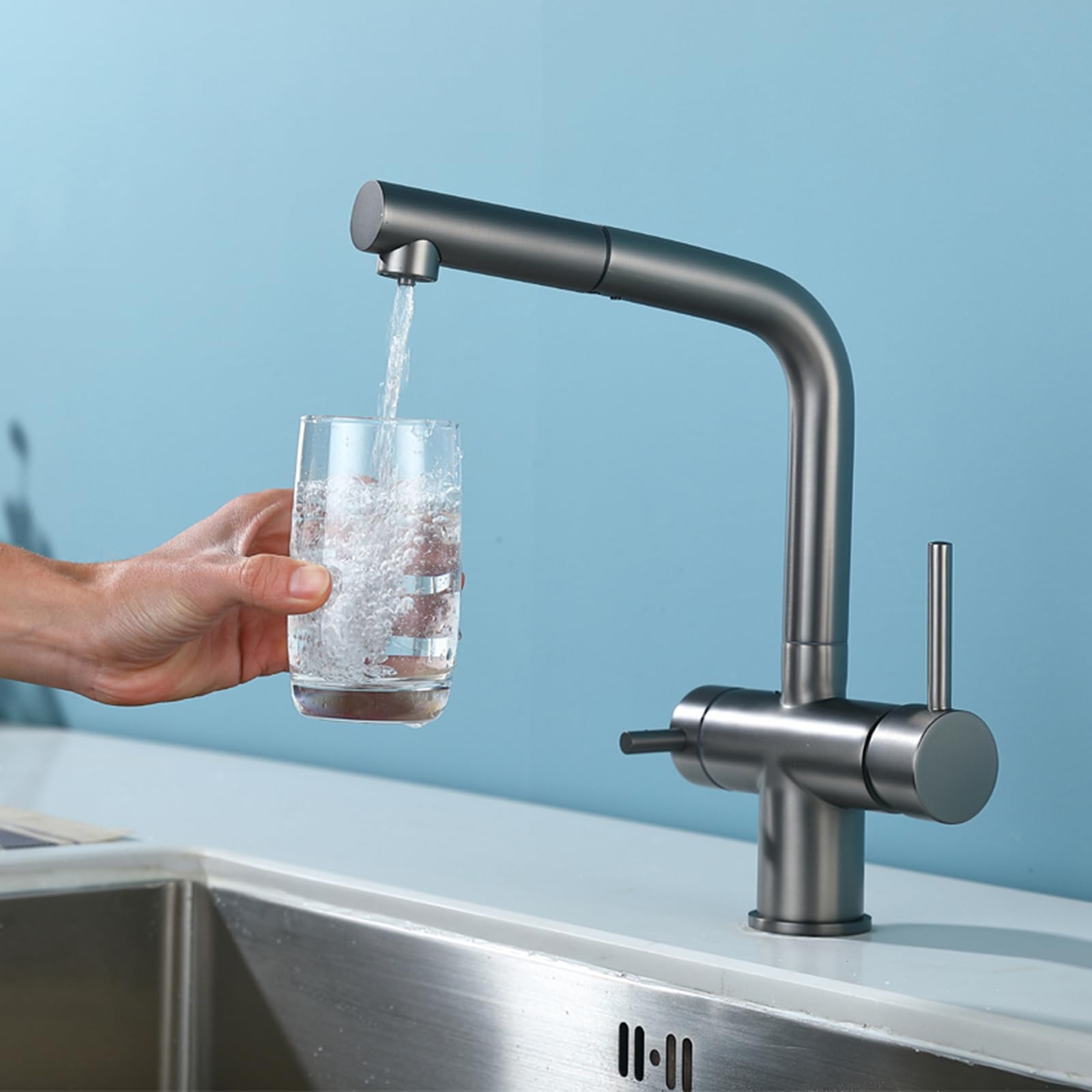 3-Wege Küchenarmatur Grau - Ausziehbarer Wasserhahn Mit Filteranschluss