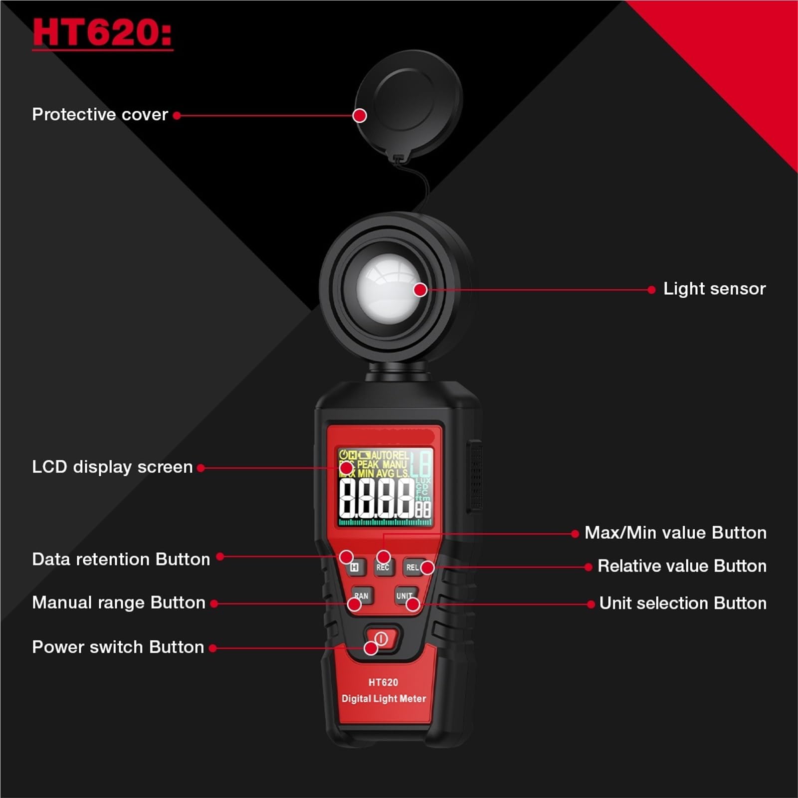 Medidor de luz Digital, HT620 Fotómetro Digital De 100000 Lux, Luxómetro Profesional, LED Prueba FC, Iluminómetro Alta Precisión para Plantas de Interior y jardín, fotografía(HT620)