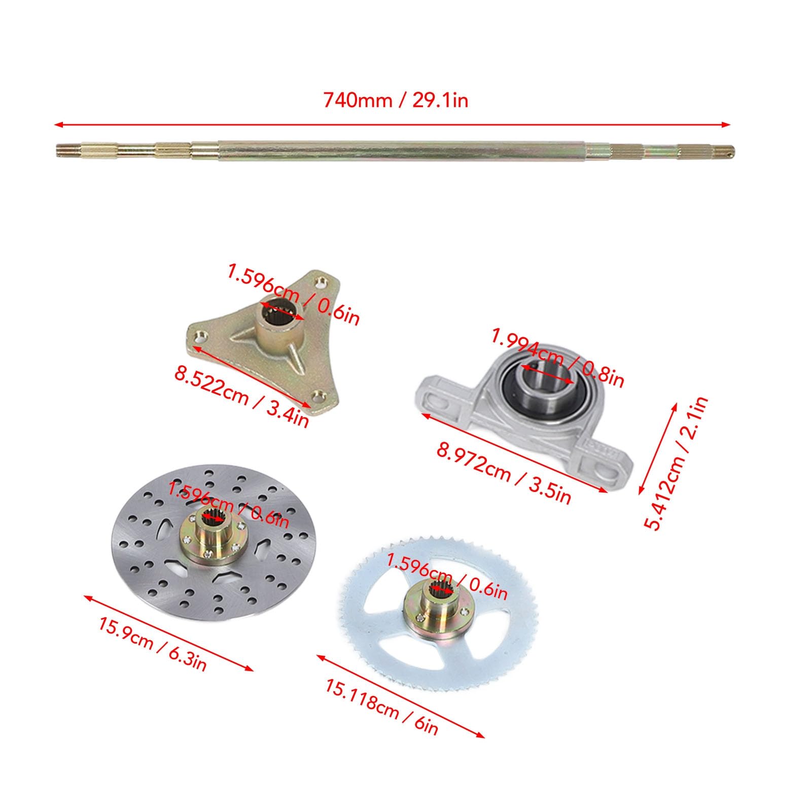 Kit de Eje Trasero rígido para Karts de 29 Pulgadas - Componentes metálicos quads ATV de 50 CC, 70 CC y 90 CC - Incluye Pinza de Freno, Disco y piñón - Juego