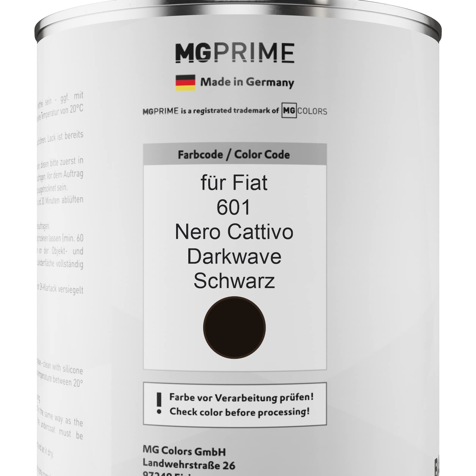 MG PRIME Vernice per auto Barattolo pronto all’uso per Fiat 601 Nero Cattivo/Darkwave Schwarz Vernice di base 1,0 litri 1000ml