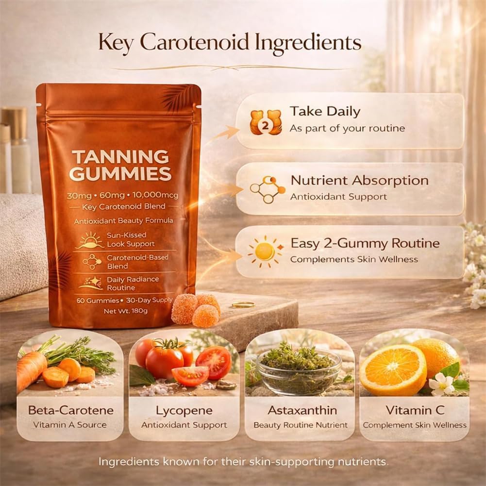 Lot de 2 gommes bronzantes pour bronzage rapide sans soleil, astaxanthine, bêta-carotène et lycopène avec vitamines C et E, améliorant le teint naturel de la peau