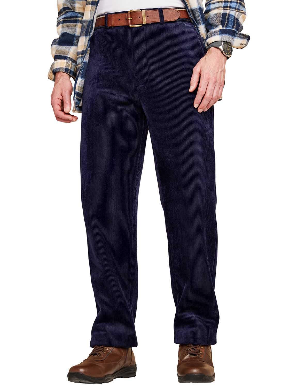 Pegasus Men's Navy Sherpa Lined Corduroy Trousers With Stretch Waist, 8 Wale Cord Thermal Pants With Button & Zip Fly 38W / 29L