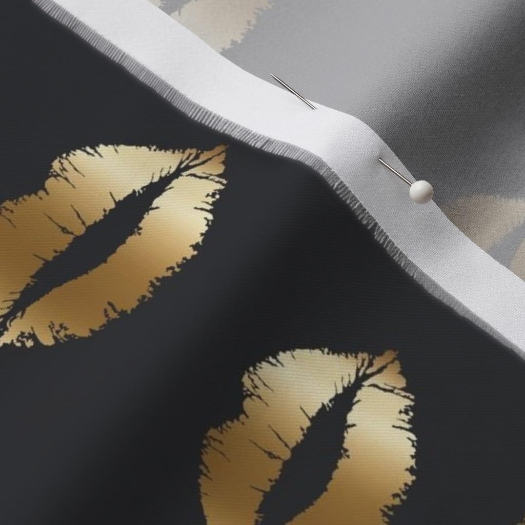Spoonflower Fabric - Gold Lips Gray Kiss Black Confetti Lip Kisses Print Printed on Organic Cotton Sateen Fabric by The Yard - Sewing Quilting Apparel Home Decor