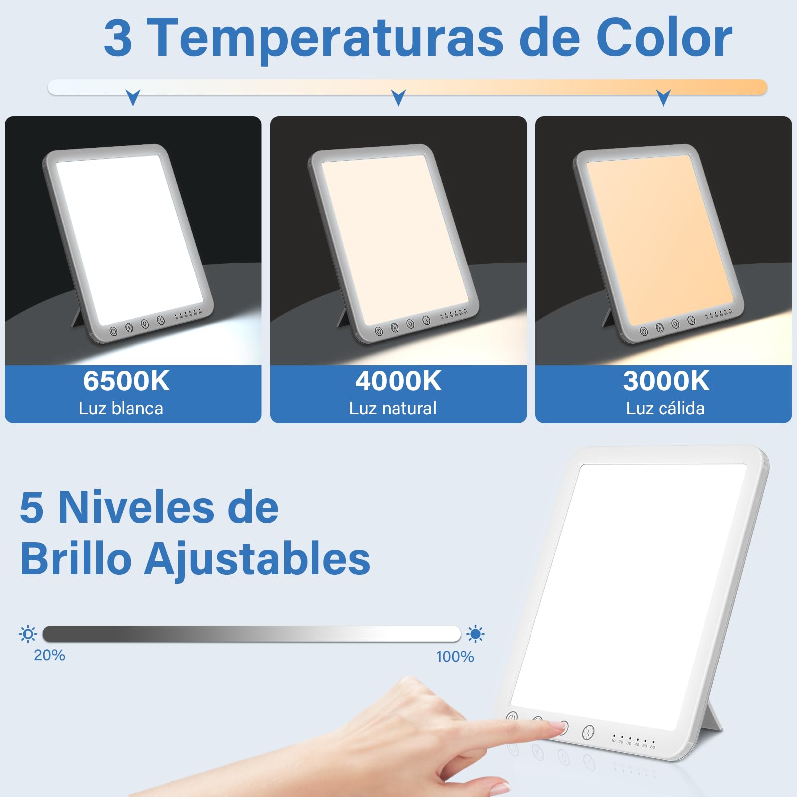 Lámpara de Luz Diurna, 15000 Lux Lámpara SAD Sin UV Lámpara de Luz Diurna con 6 Temporizador 3 Temperaturas de Color y 5 Niveles de Brillo, SAD Luzi de Control Táctil con Función de Memoria