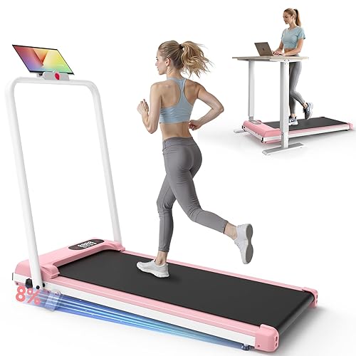 Walking Pad Treadmill with Handle Bar, Walking Pad with Incline 8%, 2.5HP Quiet Under Desk 330 lbs 2 in 1Treadmills for Home and Office Jogging Running Machine, Remote Control and LED Display - Light Pink