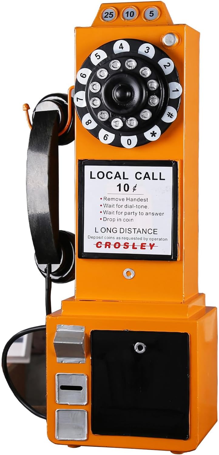 Vintage Telephone Booth Model Decor - Vintage Wall Mounted Rotary Dial Landline Phone Model Iron Retro Wall Mounted Crafts Ornaments for Home Office Bar Cafe（Bright Orange）