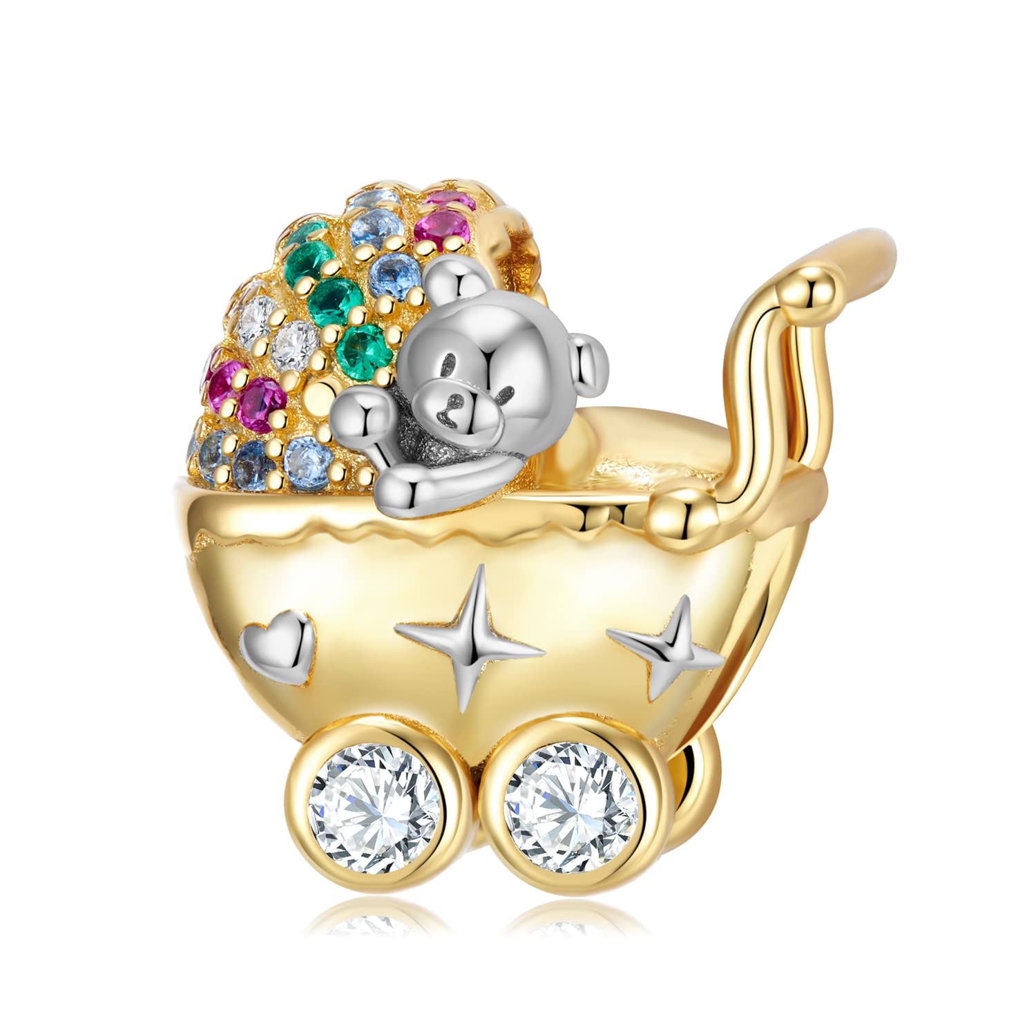 Charm Nascita Gravidanza Carrozzina dorata Mamma Passeggino Orsetto Bambino in argento 925 - Les Folies per Pandora