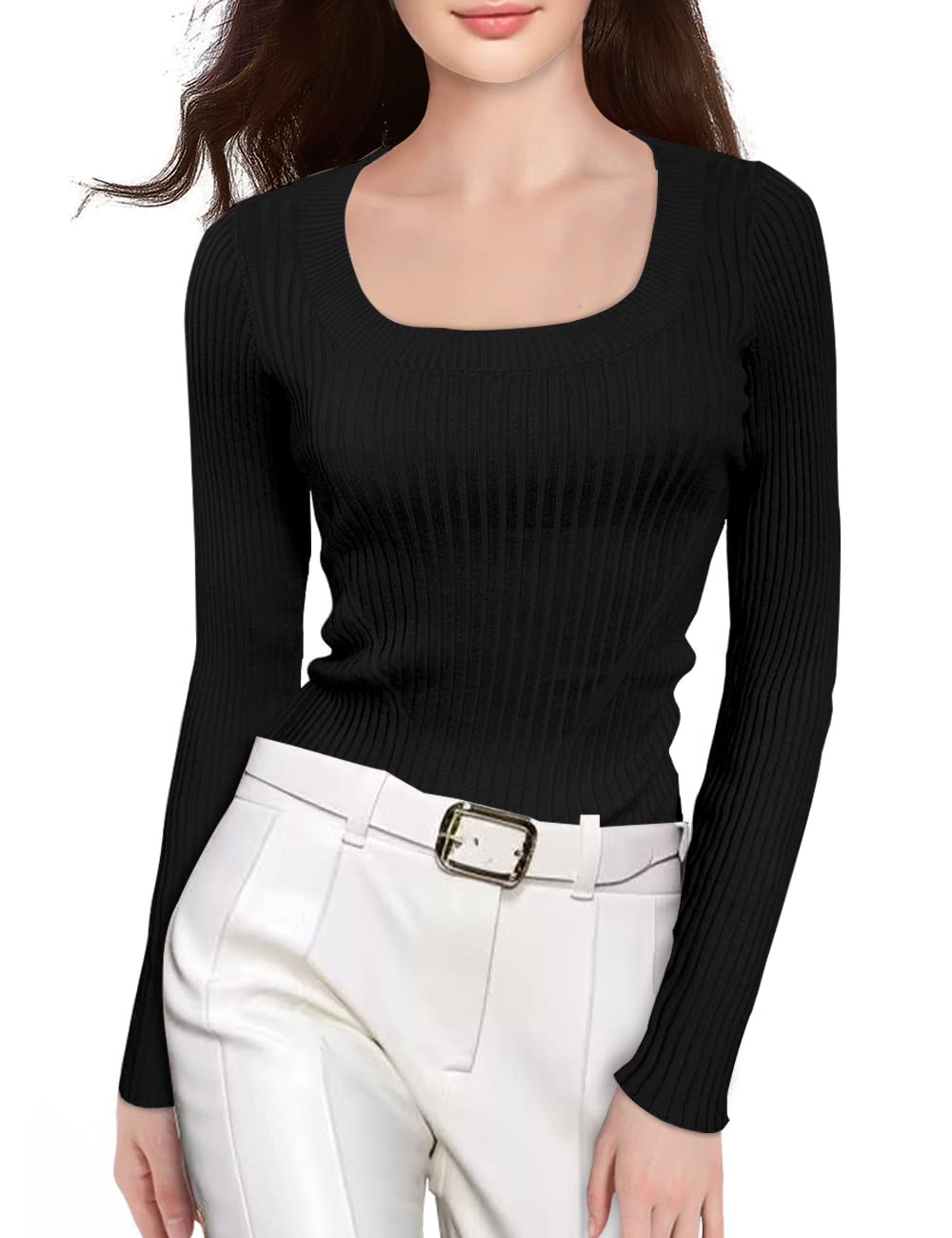 v28 Women Scoop Neck U-Neck Knit Long Sleeve Slim Fit Ribbed Sweater Tops