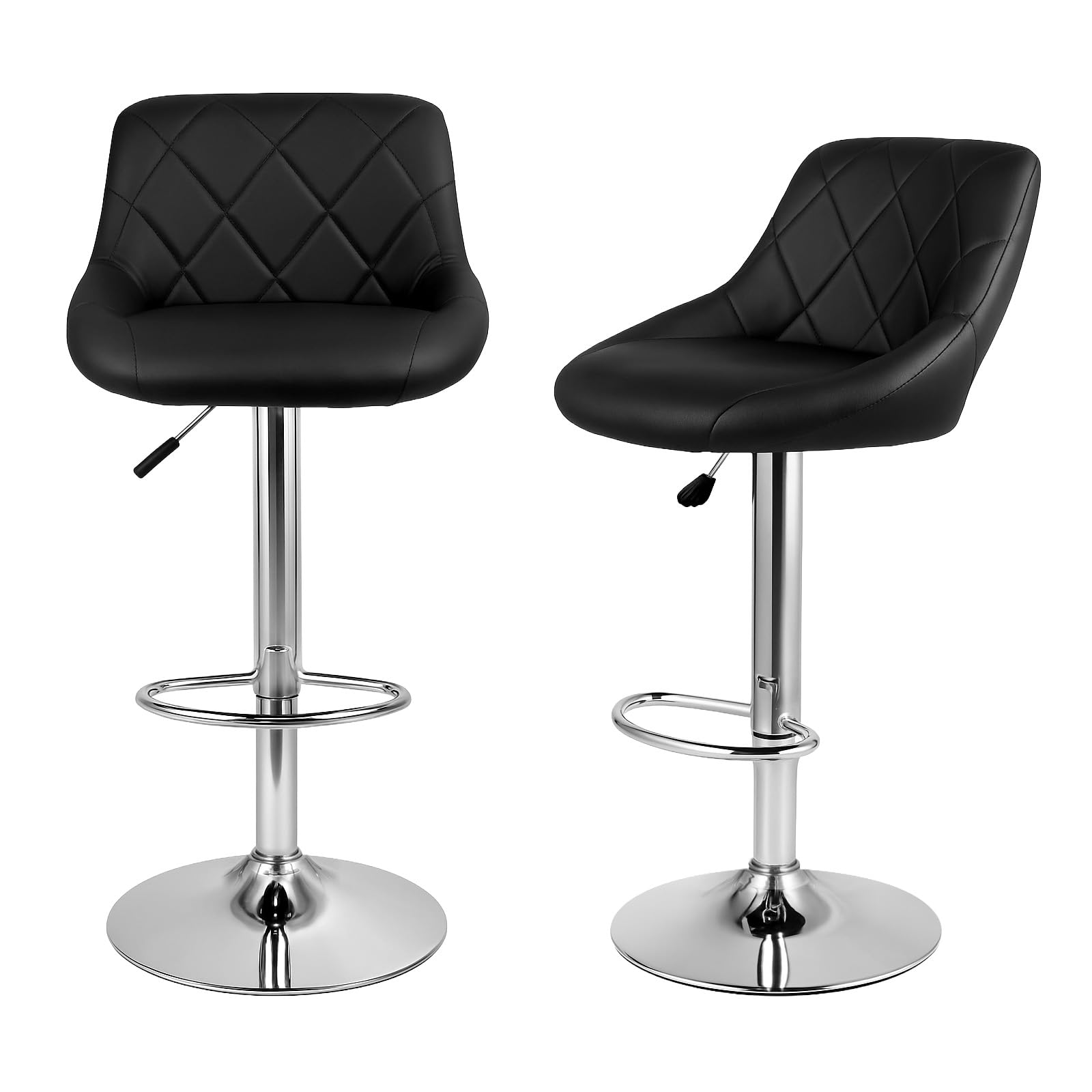 CROWNSHOP Modern Bar Stools Set 2pcs Leatherette Exterior Adjustable Swivel Gas Lift Chrome Footrest and Base for Breakfast Bar Counter Kitchen and Home Barstools (Black 2PCS)