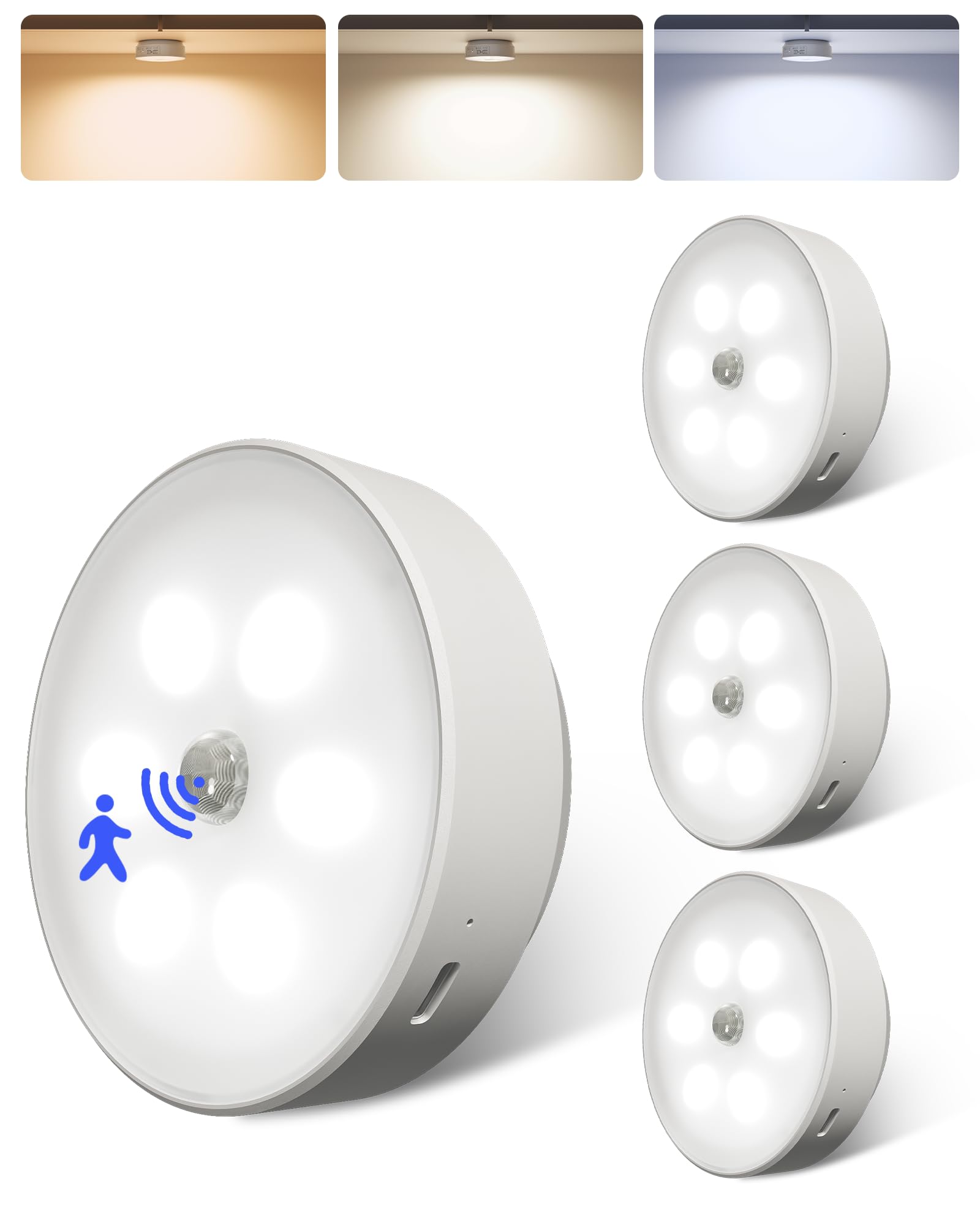 EZVALO Motion Sensor Lights Indoor, Wireless LED Rechargeable Night Light, Battery Operated USB-C Charging,Dimmable Night Light for Cabinets, Stair, Corridors, Closet (4)
