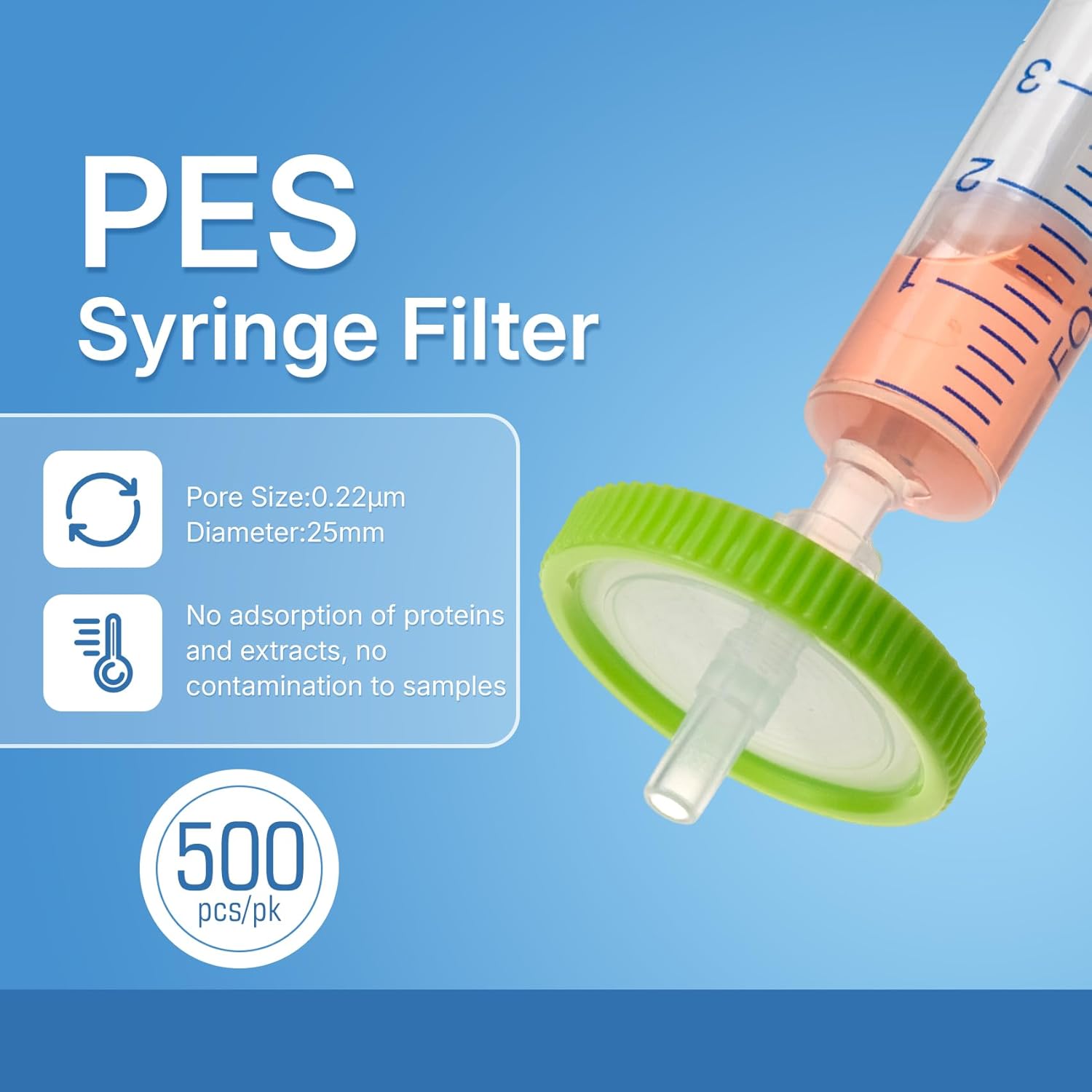 Syringe Filters PES Membrane - 25 mm Membrane Diameter,0.22 um Pore Size,Pack of 500