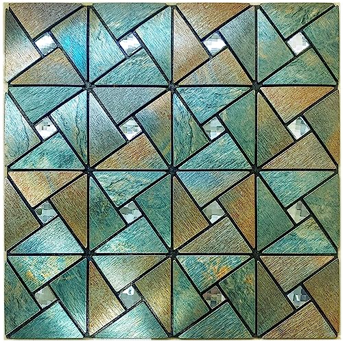 Homeymosaic Backsplash Metal Tile Peel And Stick On Kitchen Bathroom Fireplace Laundry Windmill Glass In Brushed Greenblue,1-Sheet #TOP27