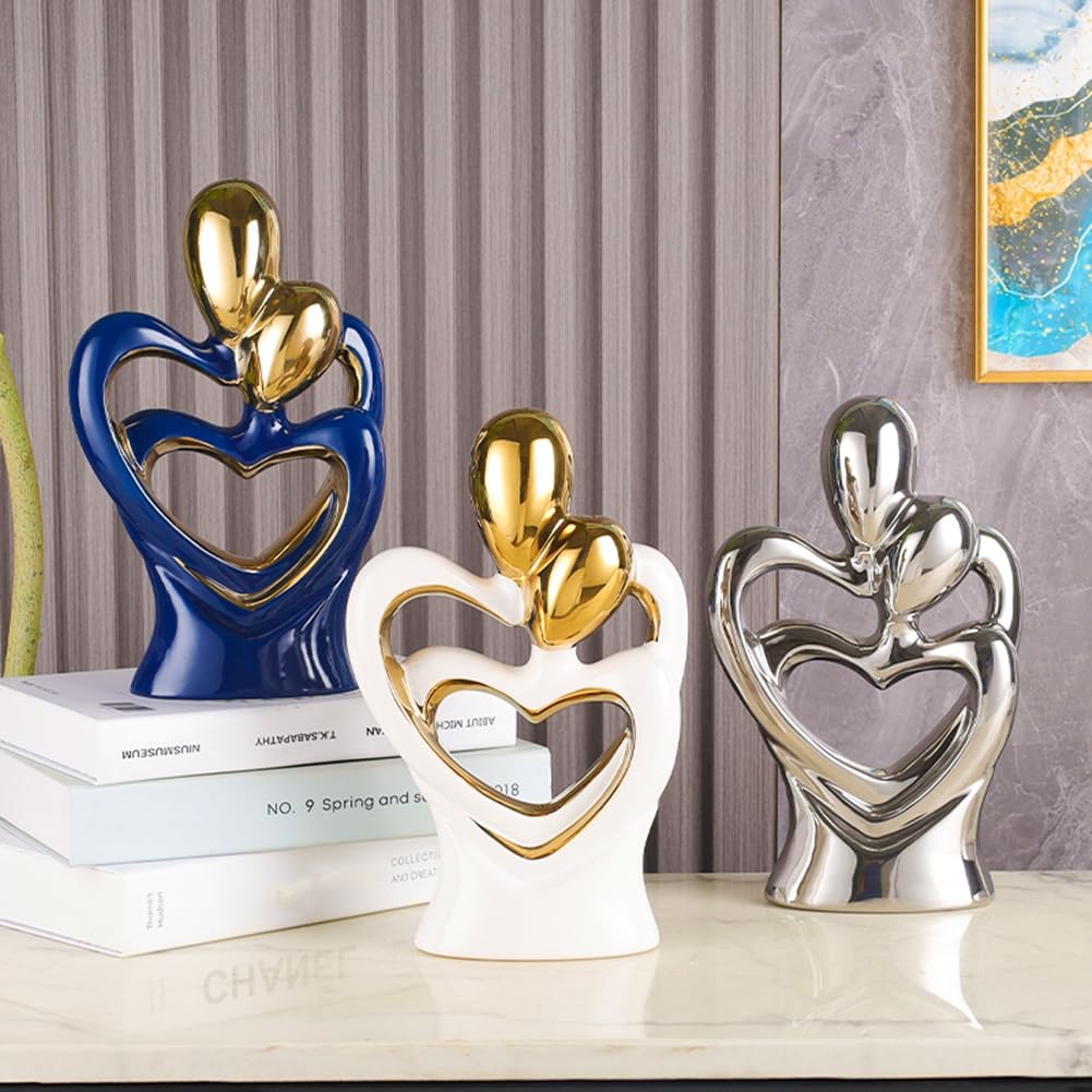 Statua in ceramica di coppia che abbraccia, statua di arte astratta moderna, scultura romantica di coppia astratta, per soggiorno, camera da letto, ufficio, ingresso, camino. (Argento A, Grande)
