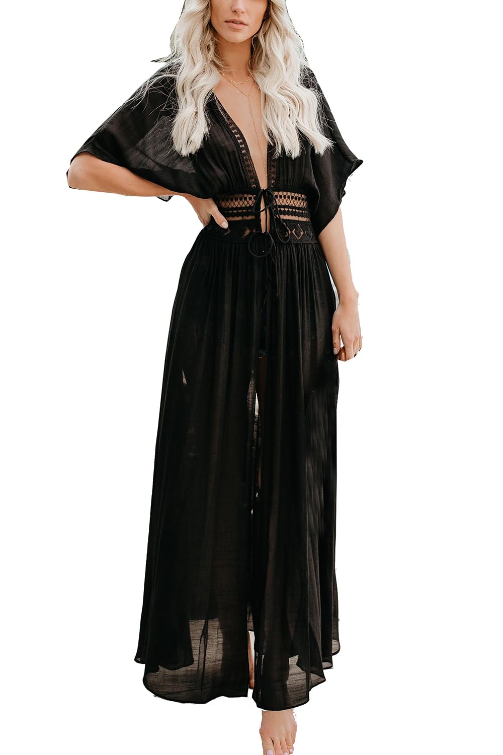 YouKD Women's Lace Cardigan See Through Dress Boho Long Kimono Beach Swimsuit Cover Up Dresses Black