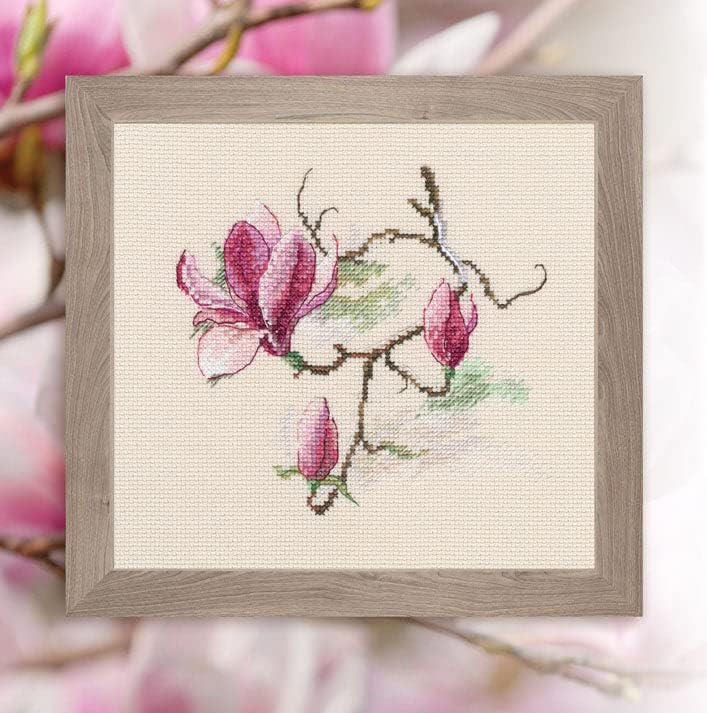 Wizardi RTO Counted Cross Stitch Kit on Canvas Aida with Magnolia Flowers. Fascinating Ornament 6.1 * 5.71 inches M731. Amazing for Embroidery & Needlework Amateurs
