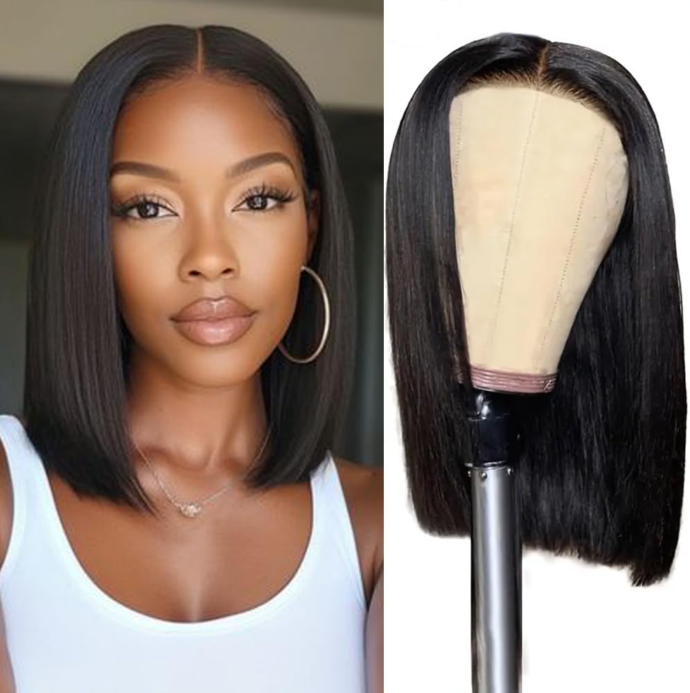 Pinketer Glueless Wigs Human Hair Pre Plucked Pre Cut Wear and Go Straight Bob Wig 4x4 Lace Closure Wig 180% Density Human Hair Bob Wig for Black Women Natural Color (Glueless Wig, 16inch)