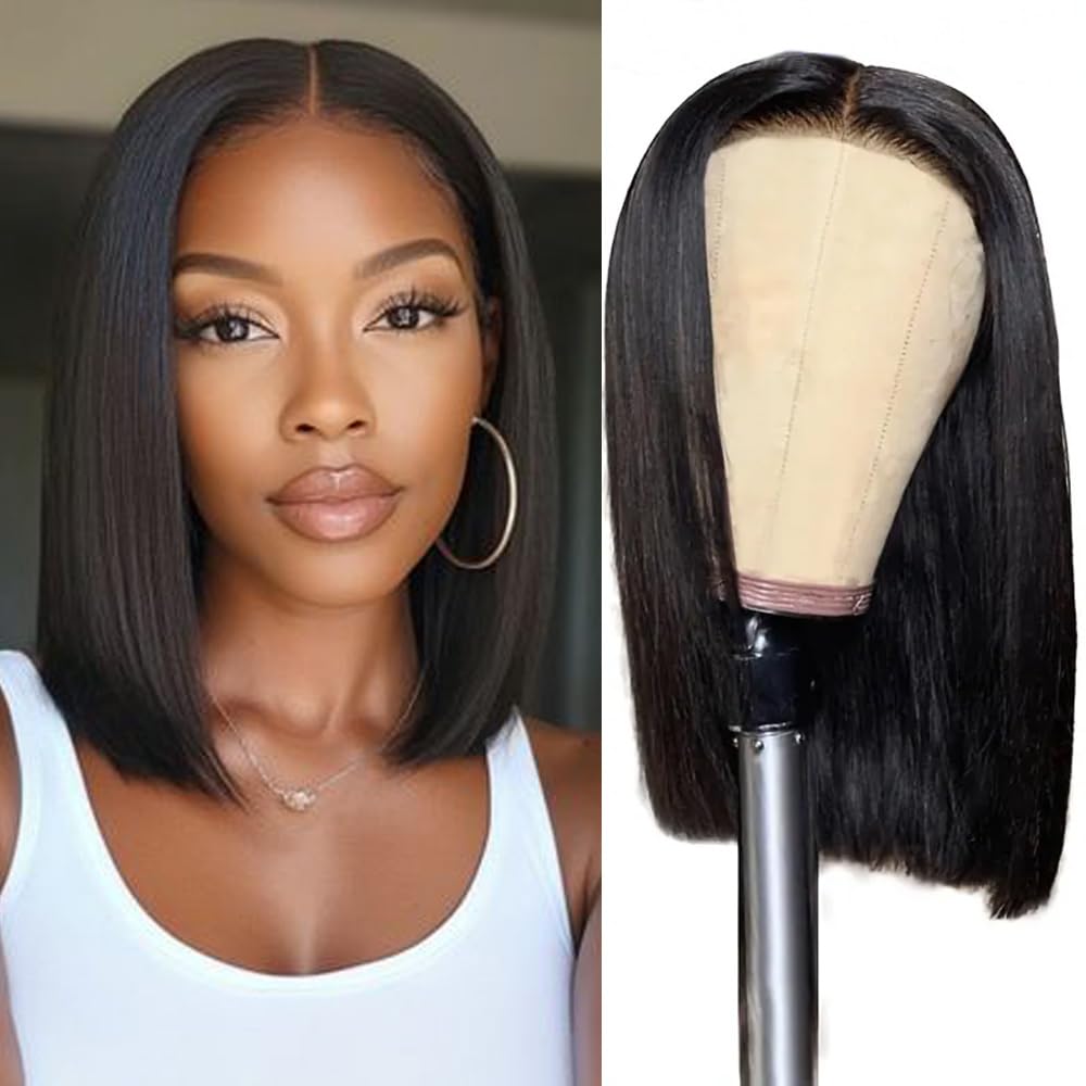 Glueless Wigs Human Hair Pre Plucked Pre Cut Wear and Go Straight Bob Wig 4x4 Lace Closure Wig 180% Density Human Hair Bob Wig for Black Women Natural Color (Glueless Wig, 16inch)