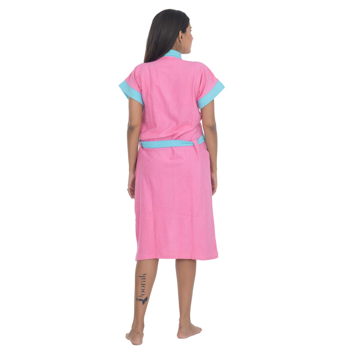Poorak Dark Collection Light Blue Strip Pink Color Half Sleeves Soft Terry Cotton Bathrobe for Women - Free Size Upto 42 Inches 2