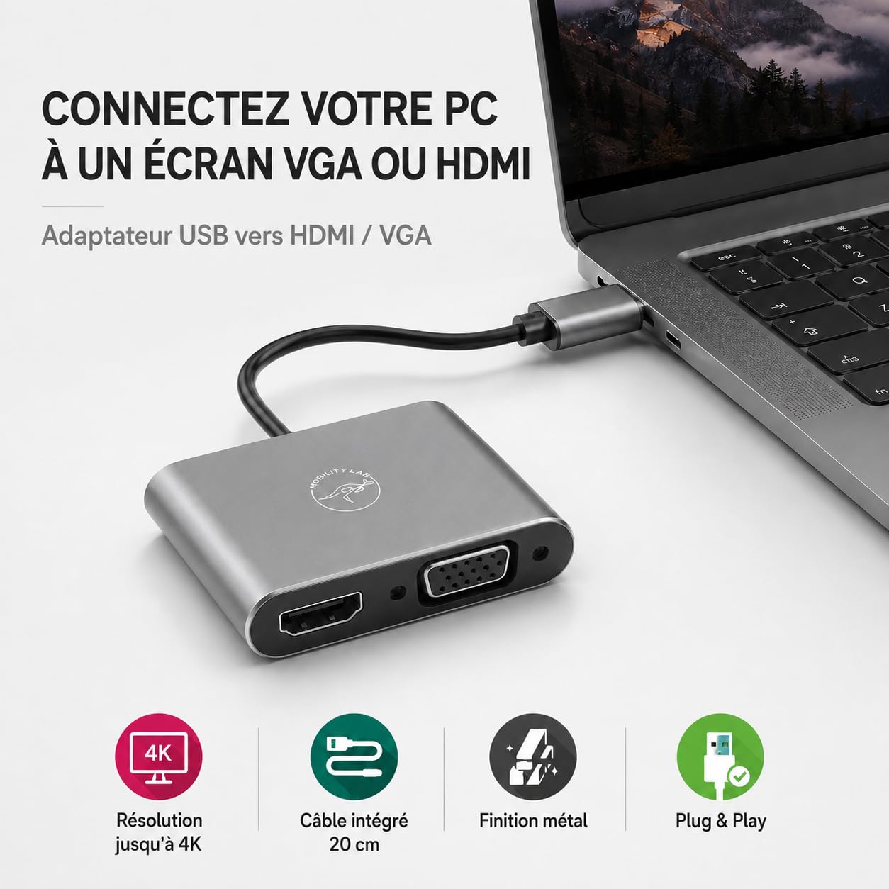 Mobility Lab Adaptateur USB 3.0 vers HDMI & VGA – Haute Résolution 1920 x 1080p à 60Hz – Plug & Play Facile – Compatible macOS et – Présentations, Films, Jeux Vidéo, Vidéoprojecteur