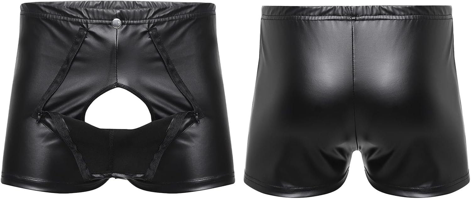 Men Exotic Clubwear High Waist Lingerie Rave Shorts Zipper Bulge Pouch Latex Underwear Panties