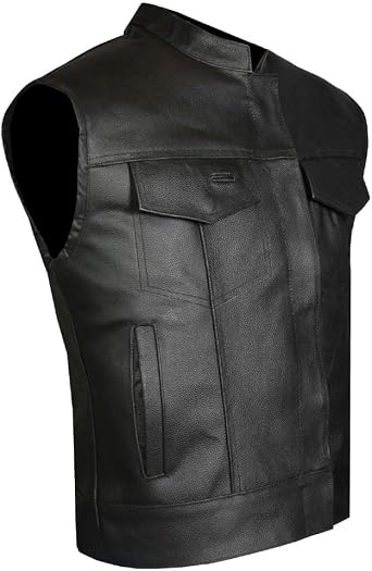 Mens Black Leather Club Style - V-Neck Western Style Motorcycle Rider Vest