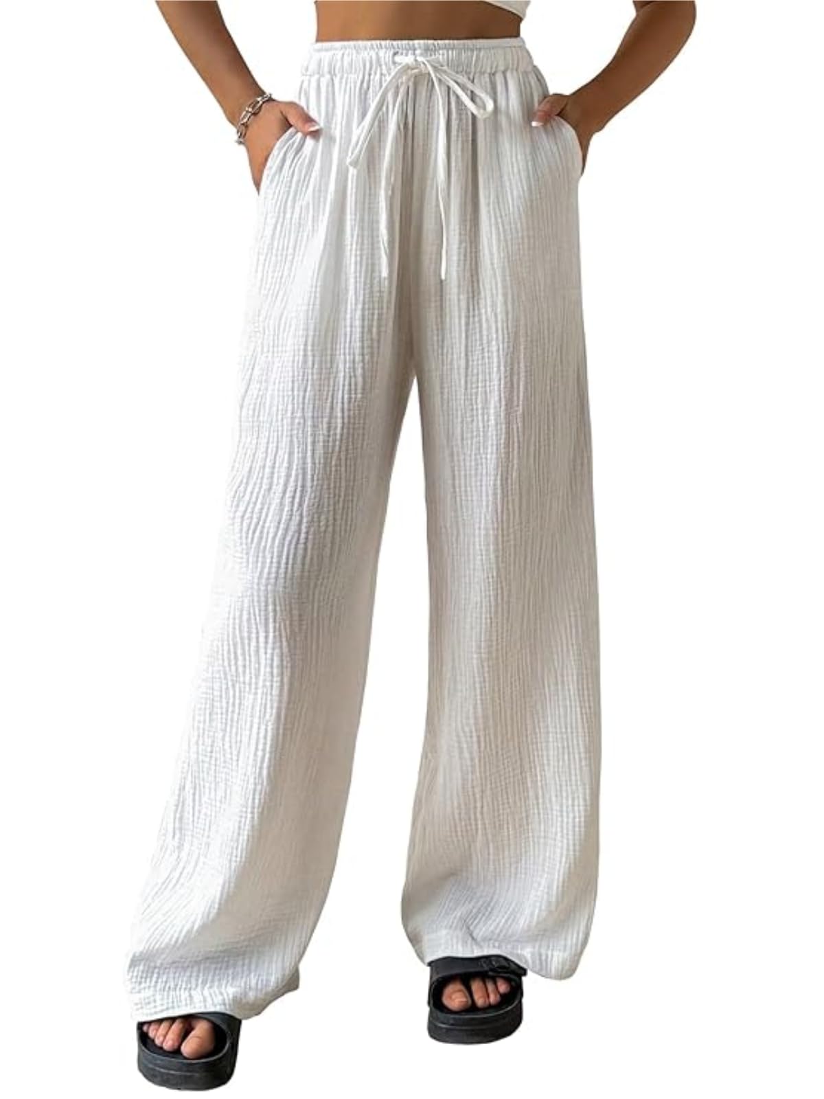 High-Waisted Korean Style Wide Leg Trousers for Women | Lightweight Textured Baggy Pants | Relaxed H-Line Summer Casual Bottoms-image-0