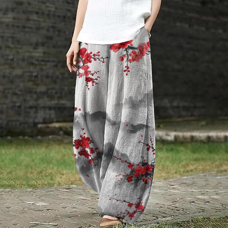 Women's Pants Casual Floral Print Wide Leg Relax Fit Ankle Length Lantern Trousers2