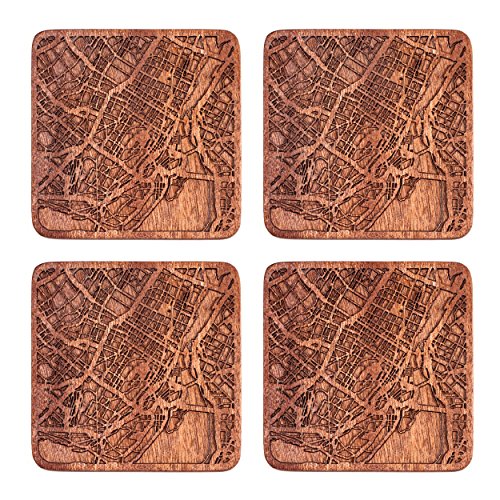 Montreal Map Coaster by O3 Design Studio Set Of 4 Sapele Wooden Coaster With City Map Handmade