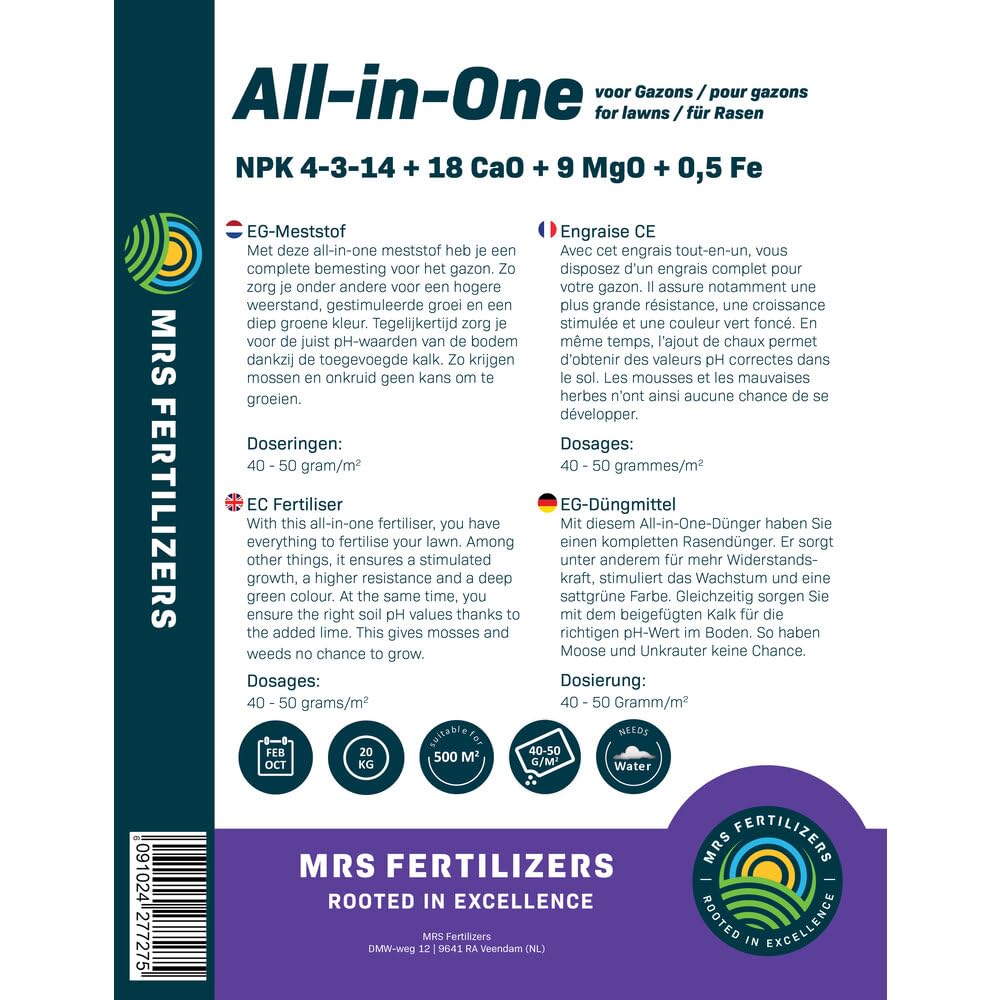 All-In-One : engrais gazon anti mousse avec chaux - 20 kg : 500 m² - avec du magnésium pour un gazon vert foncé - utilisation à l'année