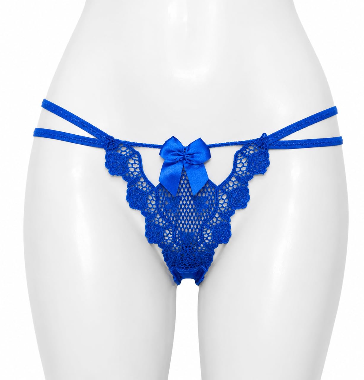 G-String Thong Panty, Blue Lace Strappy with Satin Bow Detail-image-9