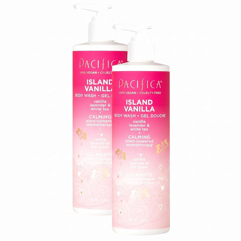 Sabonete líquido corporal Pacifica Island Vanilla com aloe vera e ácido hialurônico, fragrância de baunilha, sem sulfatos, vegano, Pacote com 2 de 355 mL