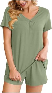 Womens Pajamas Shorts Set Summer Lightweight 2 Piece Sleepwear Soft Comfy Short Sleeve V Neck Tops with Shorts Pjs