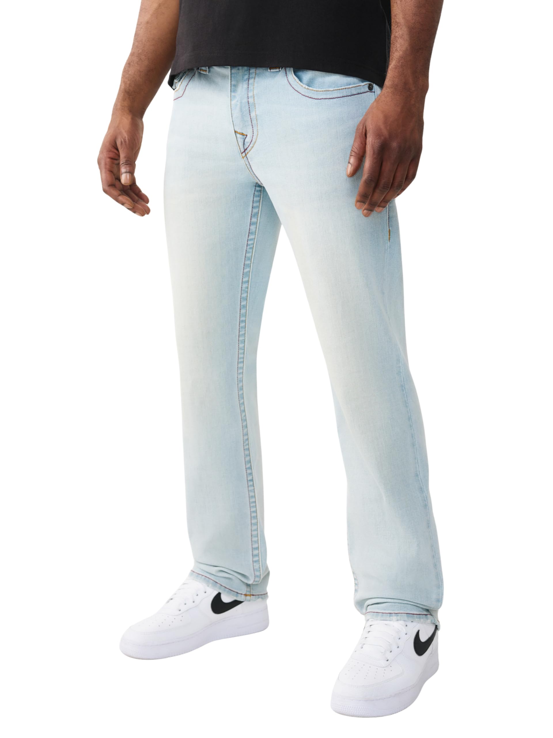 True Religion Men's Ricky Flap Straight Jean 34" – Light Wash, Horseshoe Detailing, Slim Fit