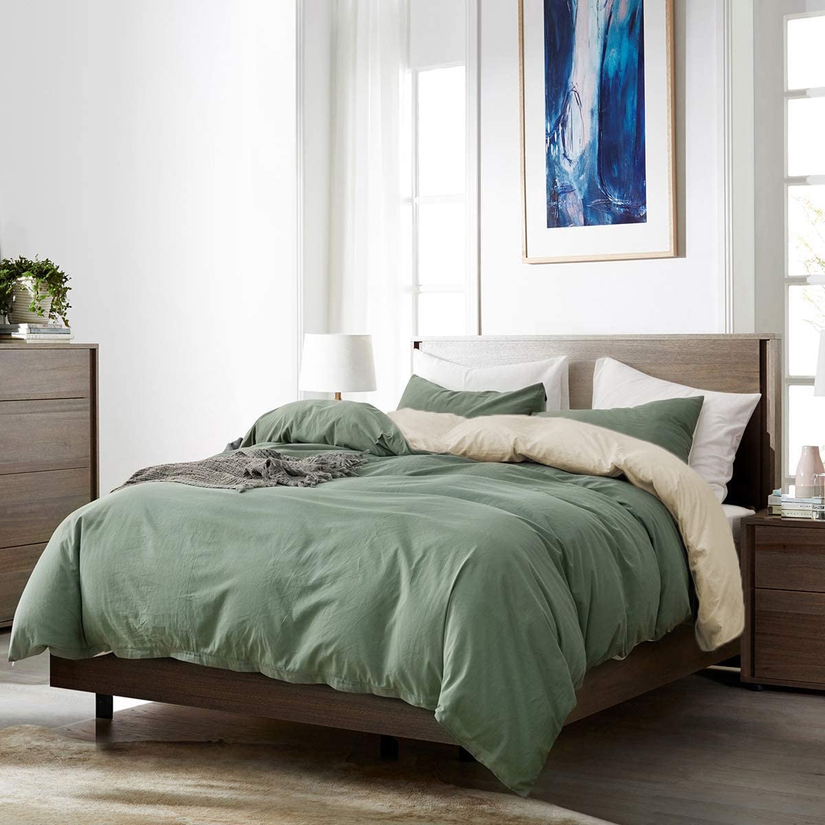 Lanqinglv Housse de Couette 240x260cm Vert foncé Beige Ado Fille Adulte Réversible Parure de Lit 2 Personnes Avez Fermeture Éclair - Housse Couette en Microfibre avec 2 Taie d'oreiller 65x65 cm