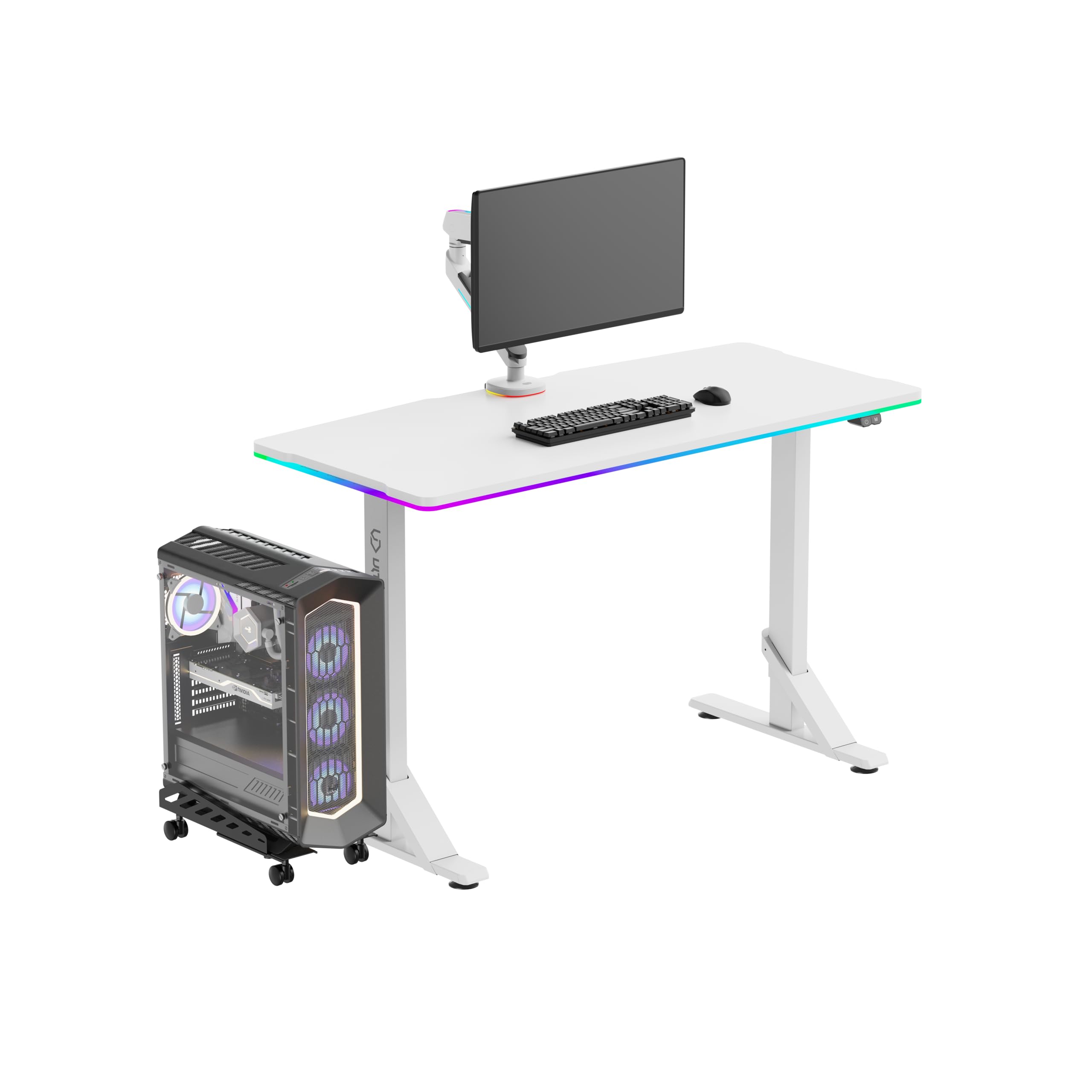Ultradesk - Iron - Escritorio para Computadora - Escritorio para Monitor Gaming, Escritorio Regulable en Altura con Retroiluminación LED RGB - para 2 Monitores - Grande, Regulable en Altura - Blanco