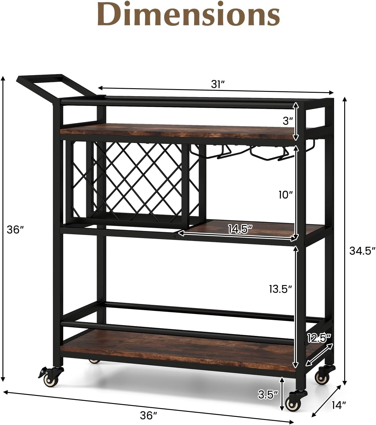 GOFLAME 3-Tier Bar Cart, Industrial Serving Cart with Wine Racks & Glass Holders, Convenient Handle, Rolling Beverage Cart with Metal Frame for Kitchen, Dining Room, Living Room, Rustic Brown