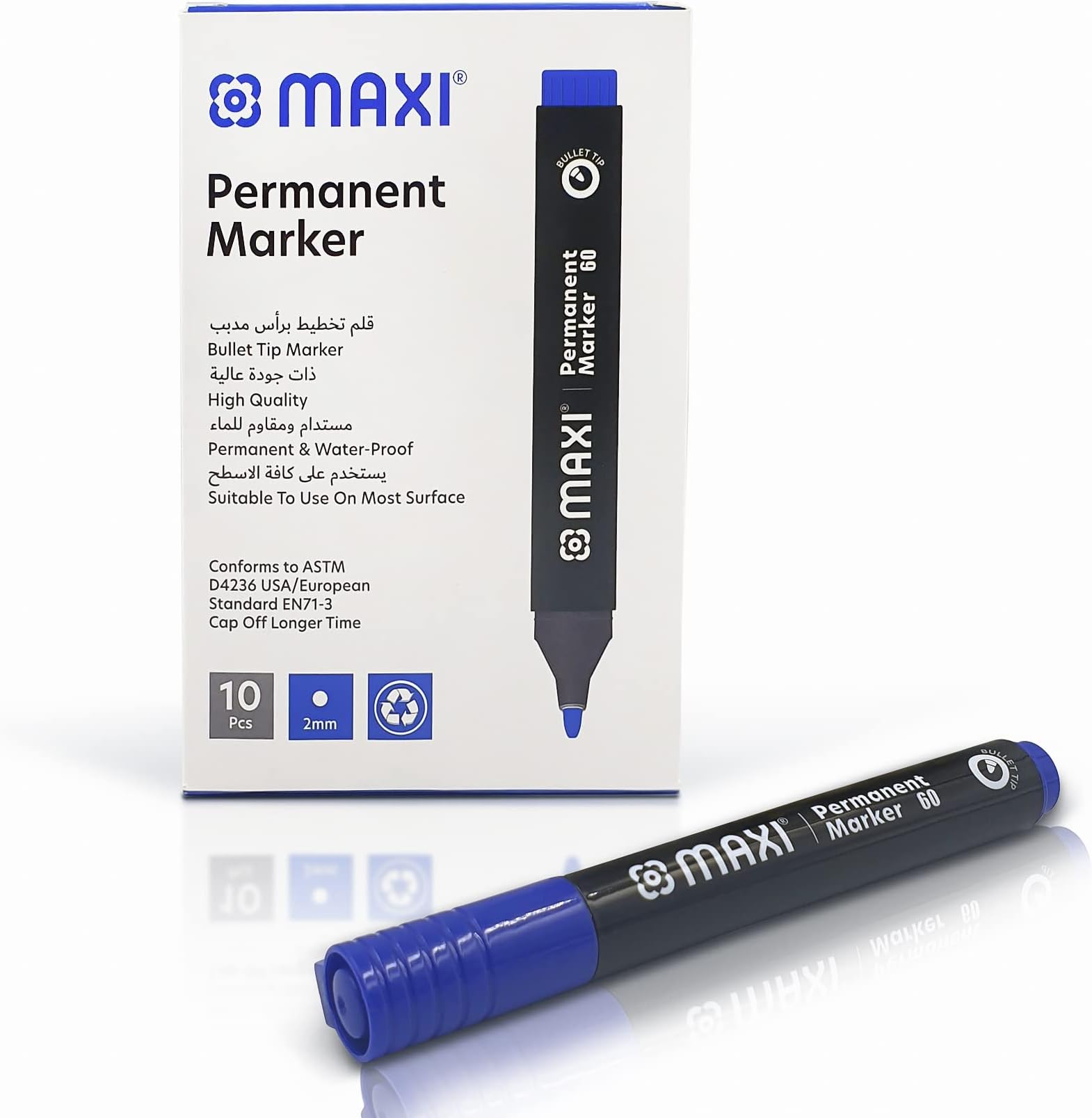Maxi Permanent marker with Bullet tip 10pc Blue. Suitable to use on most surfaces. Mark and write on any non-porous surface such as wood, glass, plastic, or cardboard.