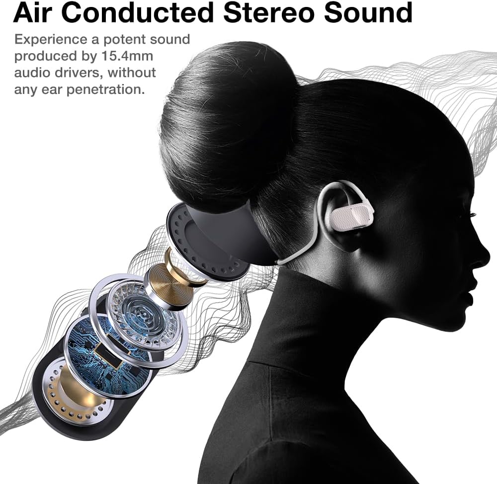 Diagram showing the internal components and air conduction sound path of Purity Air Open Ear Headphones.