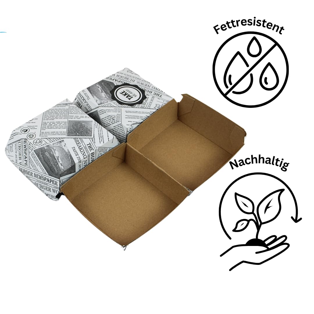 Enpack Burger-Box in Weiß aus Kraftpapier - 13,5 x 13,5 x 7,5cm Snackbox mit Klappdeckel - Beschichteter Einmalbehälter mit Druck für Burger, Snacks und Chips