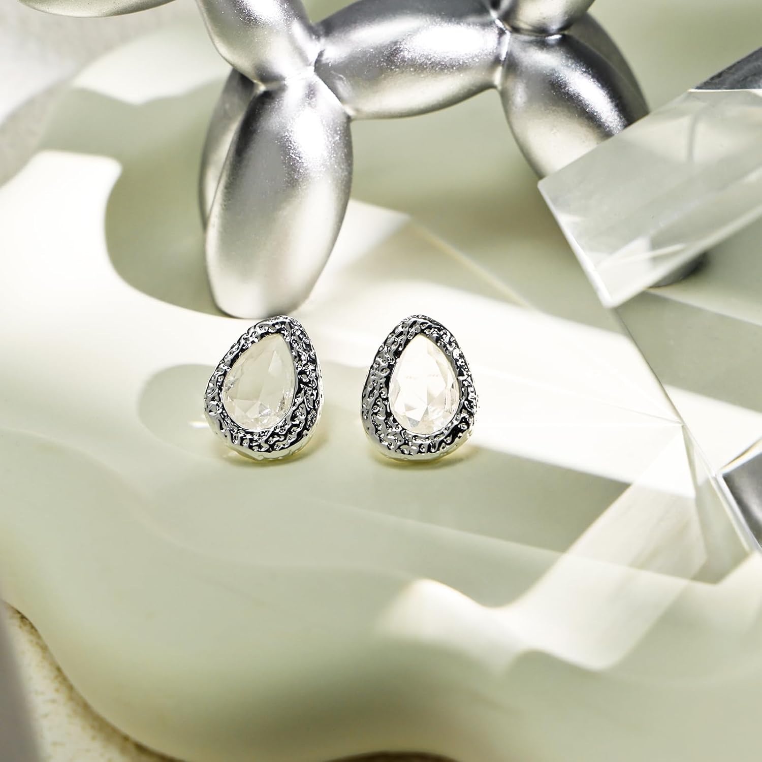 Teardrop Crystal Stud Earrings for Women 925 Sterling Silver Sparkly Hypoallergenic Dainty Hammered Pattern Jewelry Gift - Image 5