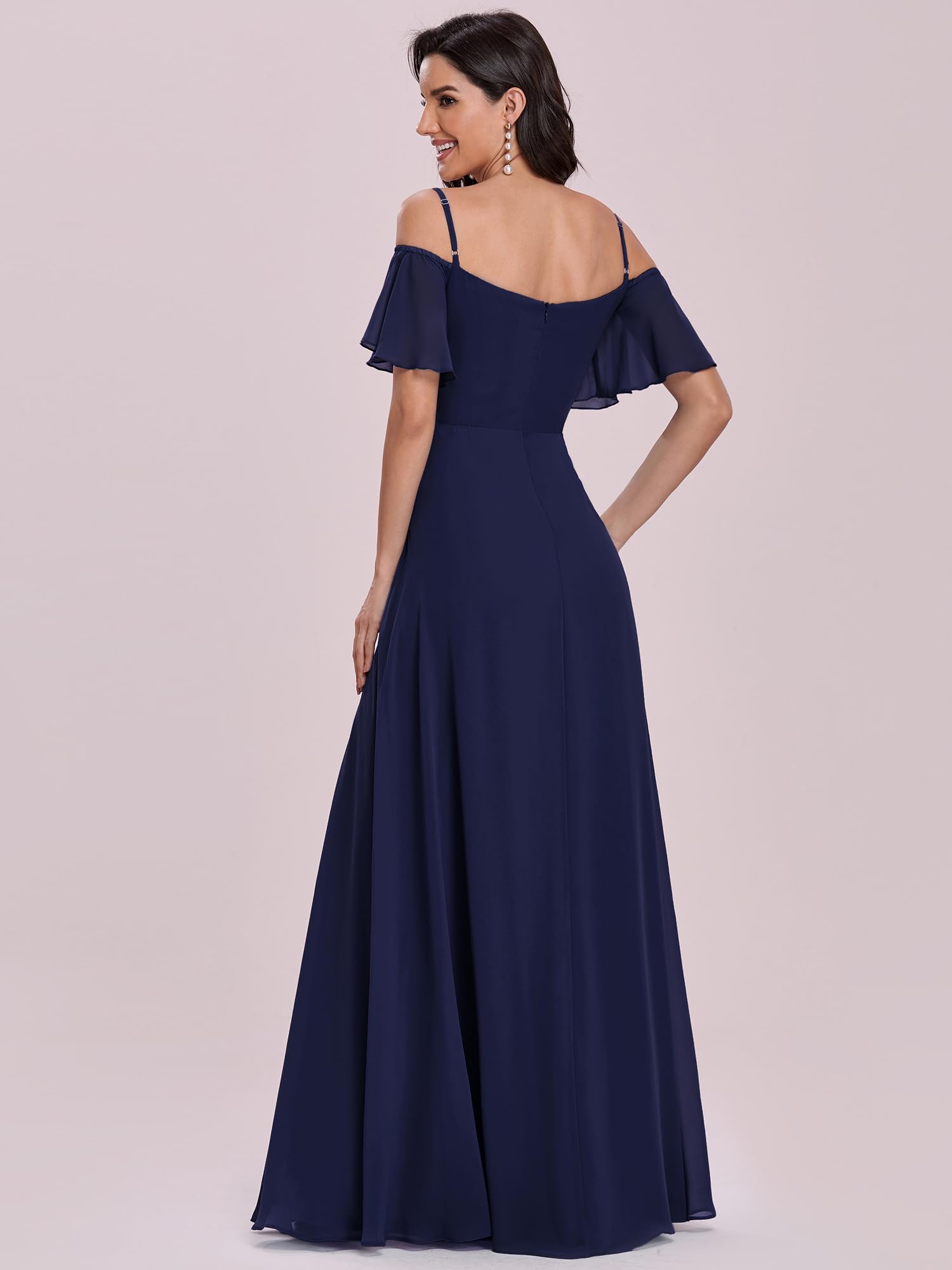 Ever-Pretty Abiti da Damigella d'Onore Lunghi in Chiffon con dalla Spalla in Stile Impero a Maniche Corte da Donna con Spacco Laterale ES00237