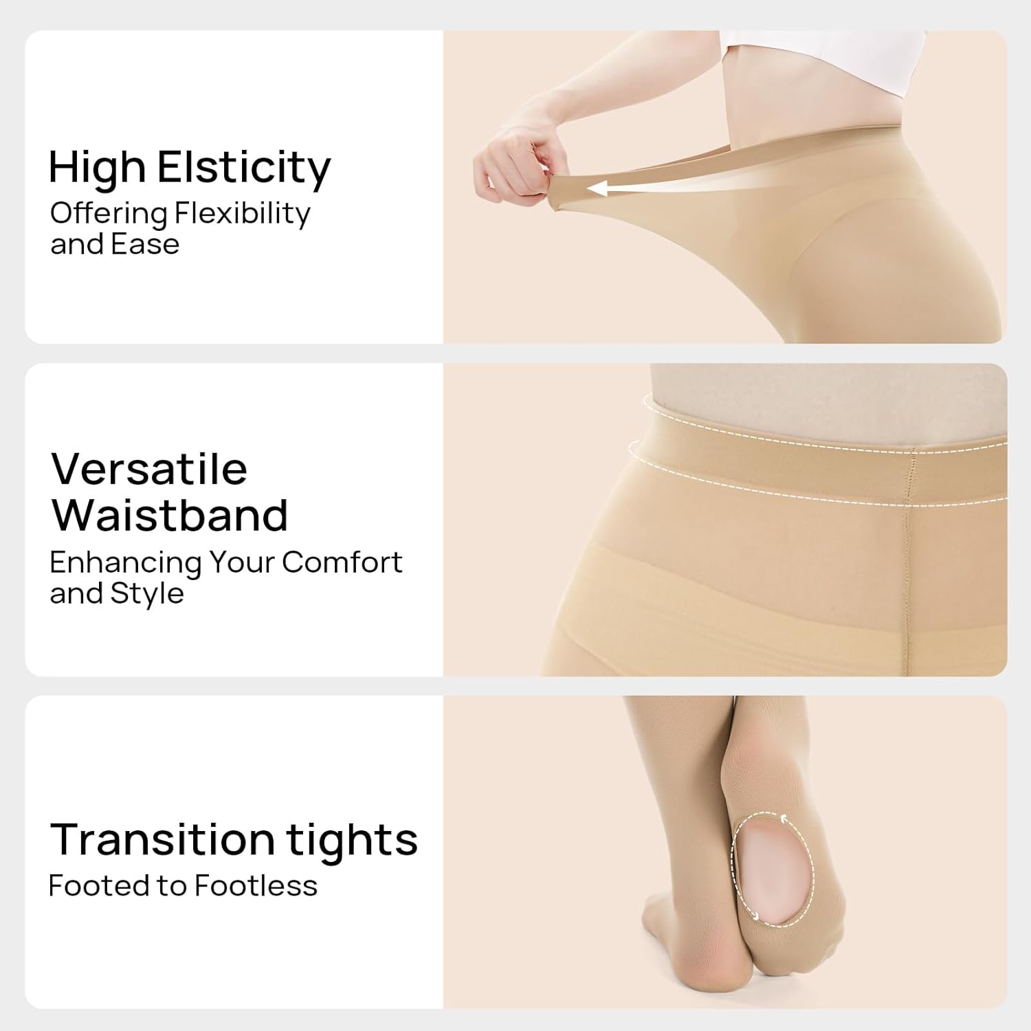 MANZI Womens Girls Solid Color Comfortable Convertible Ballet Tights 1-3 Pairs Pack - Image 2