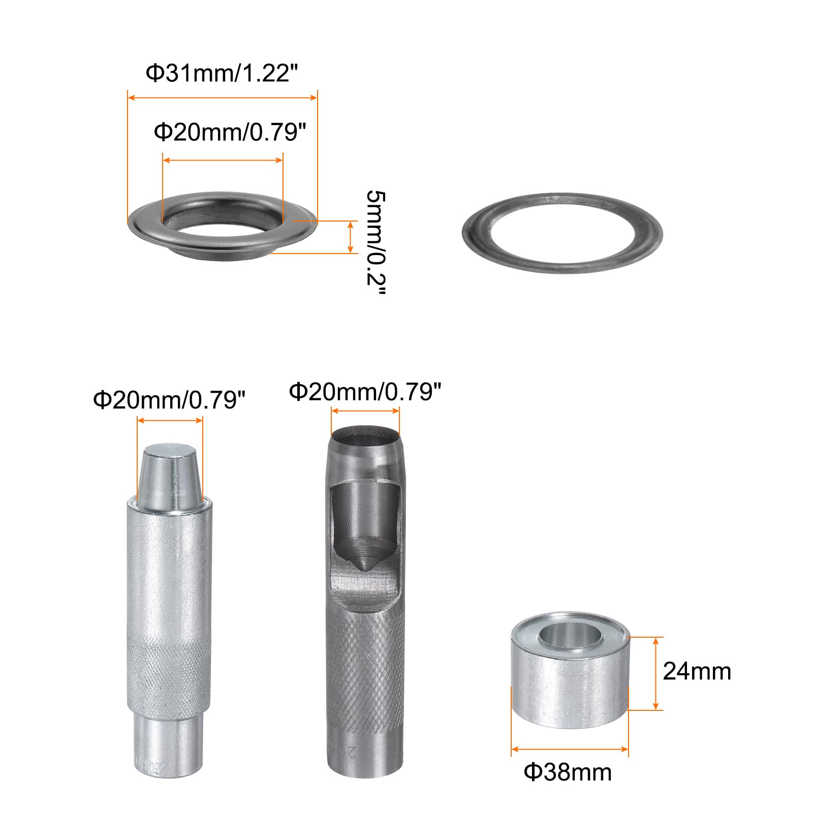QUARKZMAN Kit de 20 Œillets en Cuivre de 20 mm avec Outil de Pose d'Œillets et Poinçon Creux, pour Vêtements en Cuir, Tissu et Ceintures, Couleur Noire