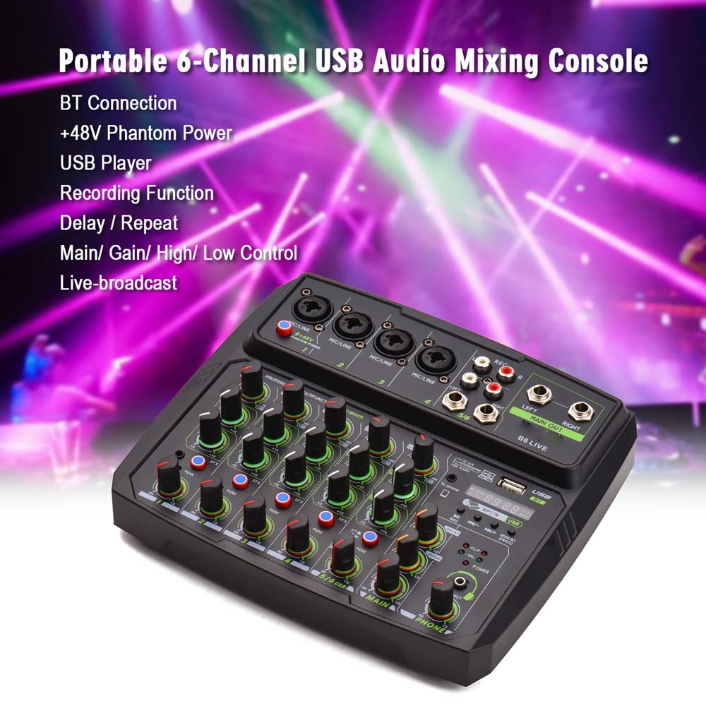 6-K Audio Mixer Mischpult LED Bildschirm Eingebaute Soundkarte BT Anschluss mit 2-Band EQ Gain Delay Control