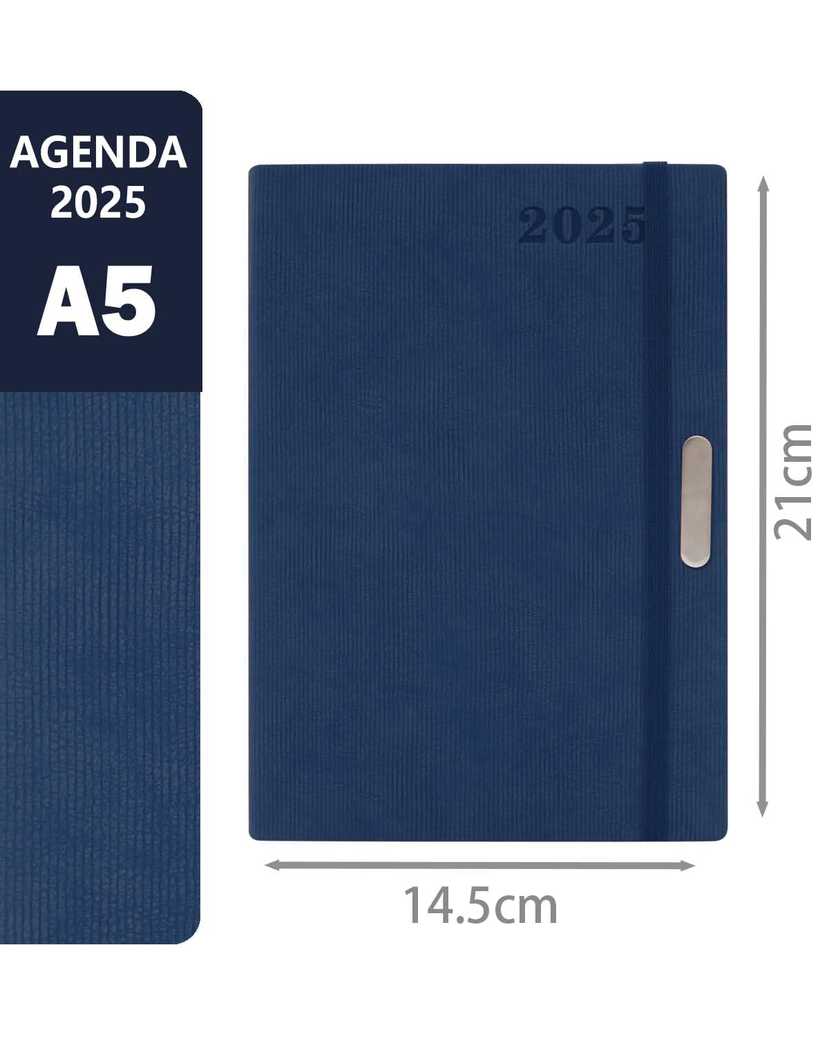 HW CASA Agenda 2025 Giornaliera,Formato A5,200 Pagine,Copertina Rigida in Pelle Scamosciata in PU,Passante per Penna e Elastico,con Pagina Singola ed Etichette Mensili Colorate e Piano Mensile,Blu